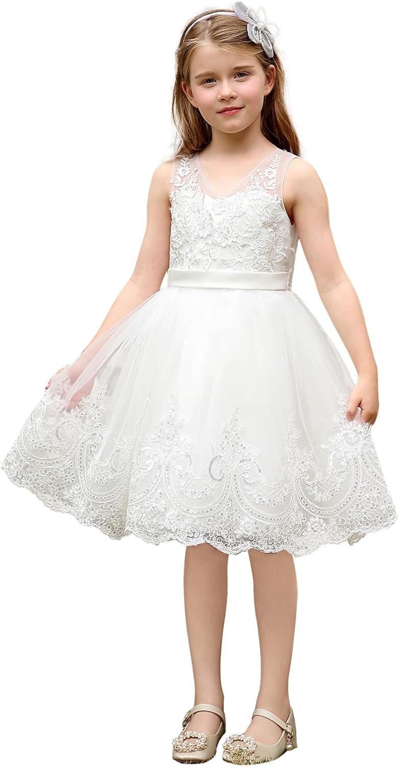 Abaowedding White Floral Lace Flower Girl Dress Kids Tiered Tutu Tulle Wedding Birthday Party Dress