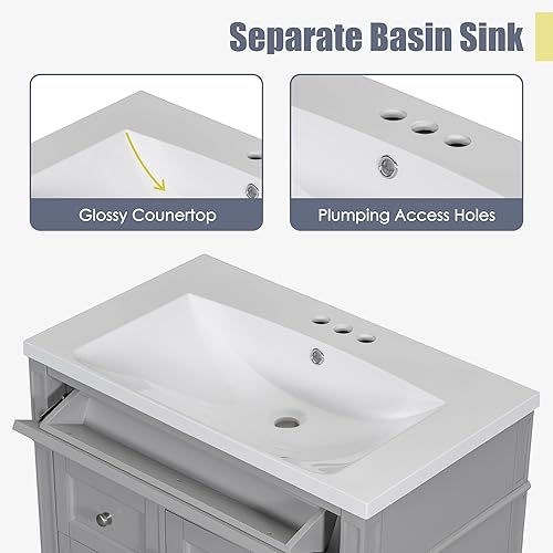 Miniatura 4 de LZ LEISURE ZONE Tocador de baño de 30 pulgadas con lavabo superior, armario de almacenamiento de baño moderno con 2 cajones y un cajón abatible,