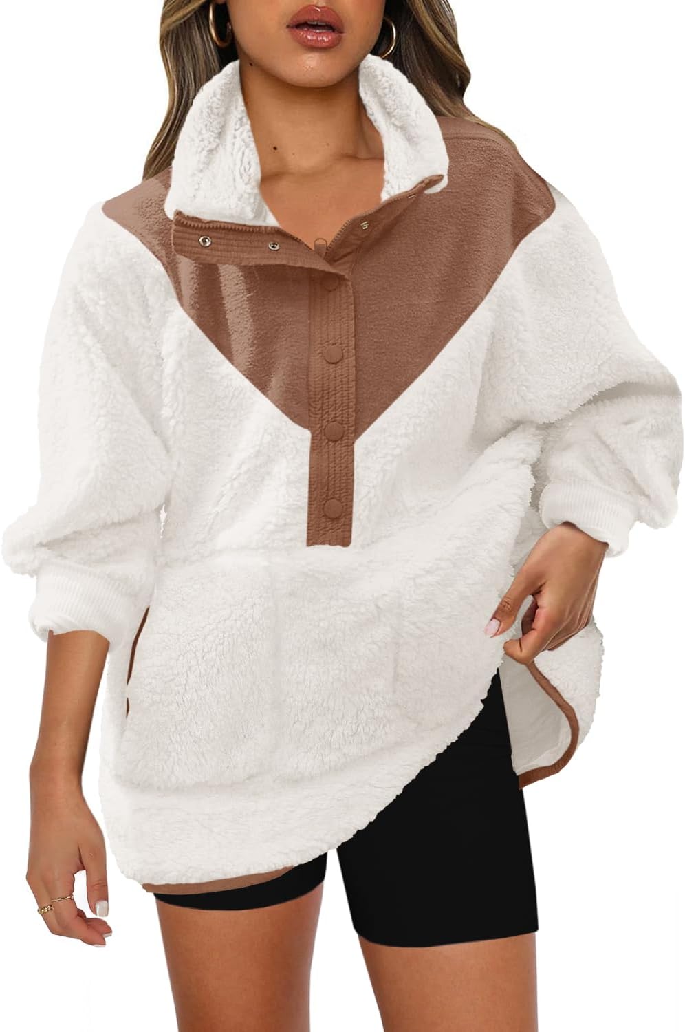Panadila Womens Half Snap Fleece Pullover Oversized Fuzzy Sweatshirt with Pockets Trendy Warm Sherpa Sweater