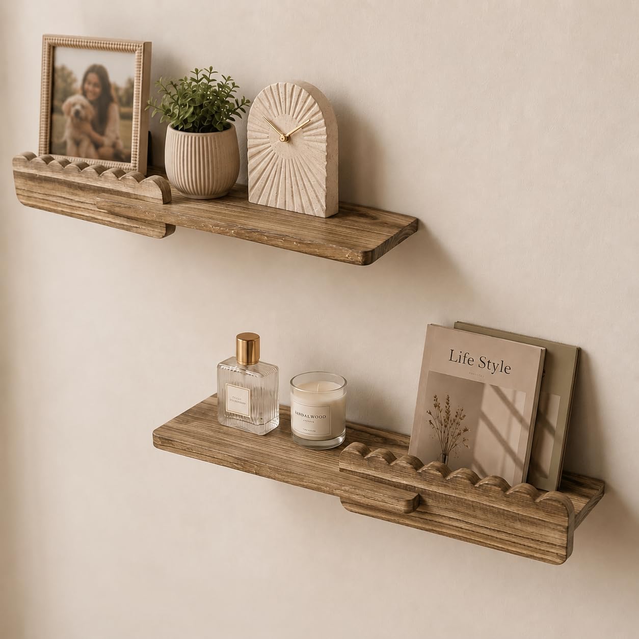 Scalloped Floating Shelves Set of 2, Solid Wood, Warm White