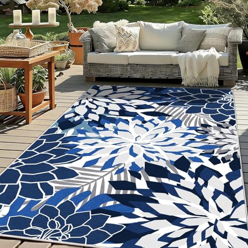 ZonLi Outdoor Rug 5x8Ft Waterproof Multicolored Blue White Indoor Area Rug Washable Outdoor