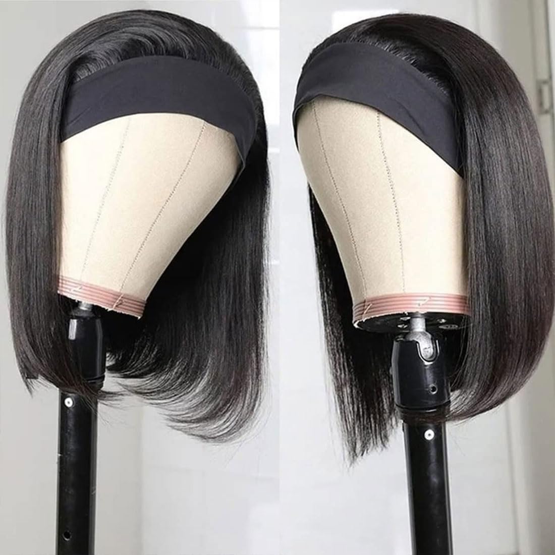 Bob Human Hair Headband Wigs Straight Headband Wigs For Black Women Short Bob Human Hair Wigs Color 1B Natural Black None Front Lace 150% Density Brazilian Human Hair Headband Wig (10Inch)