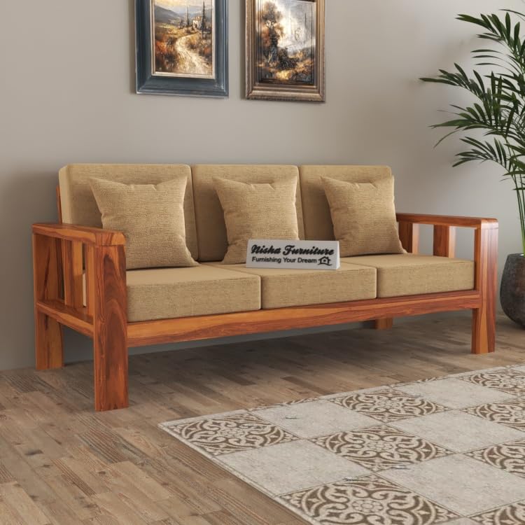 Image of Sheesham Wood 3 Seater Sofa Set | Living Room | Natural Teak Finish | 3 Seater Configuration | Drawing Room | Without Pillow | Solid Wood Frame