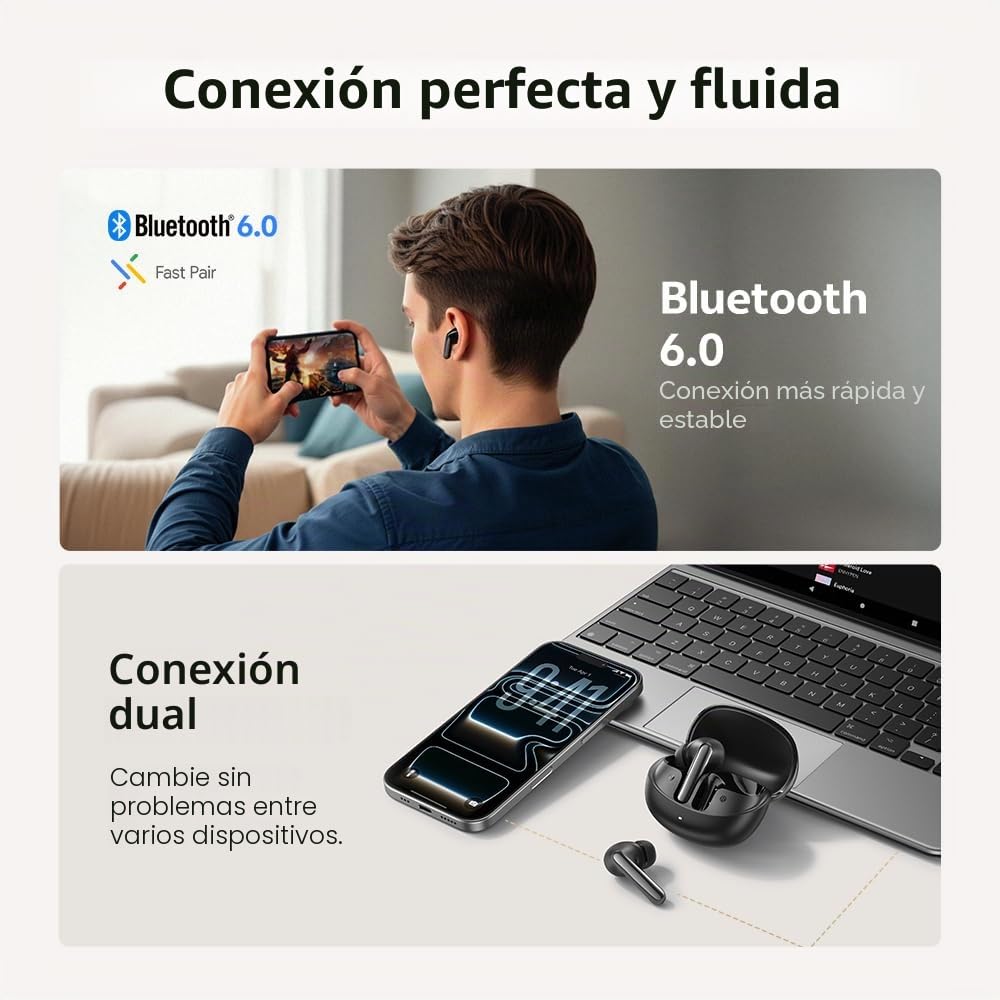 QCY Melobuds N60 Auriculares Inalámbricos con Cancelación de Ruido Adaptativa, ANC en Tiempo Real, Bluetooth 6.0, Hi-Res Sonido LDAC, Graves Intensos, Llamadas Claras con IA y 6Mics, 45H Reproducción | LDAC Hi-Res, -56dB ANC, controladores dinámicos de 6