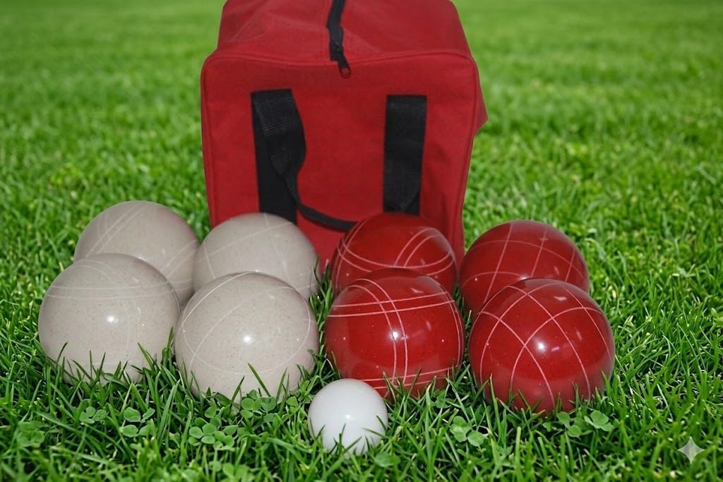 BuyBocceBalls Listing - Made in USA, Premium Quality Tournament Bocce Set - 110mm White and Red Balls, Nylon red Bag, 998 Grams (2 lbs. 3.2 oz.). Various Bag Colors