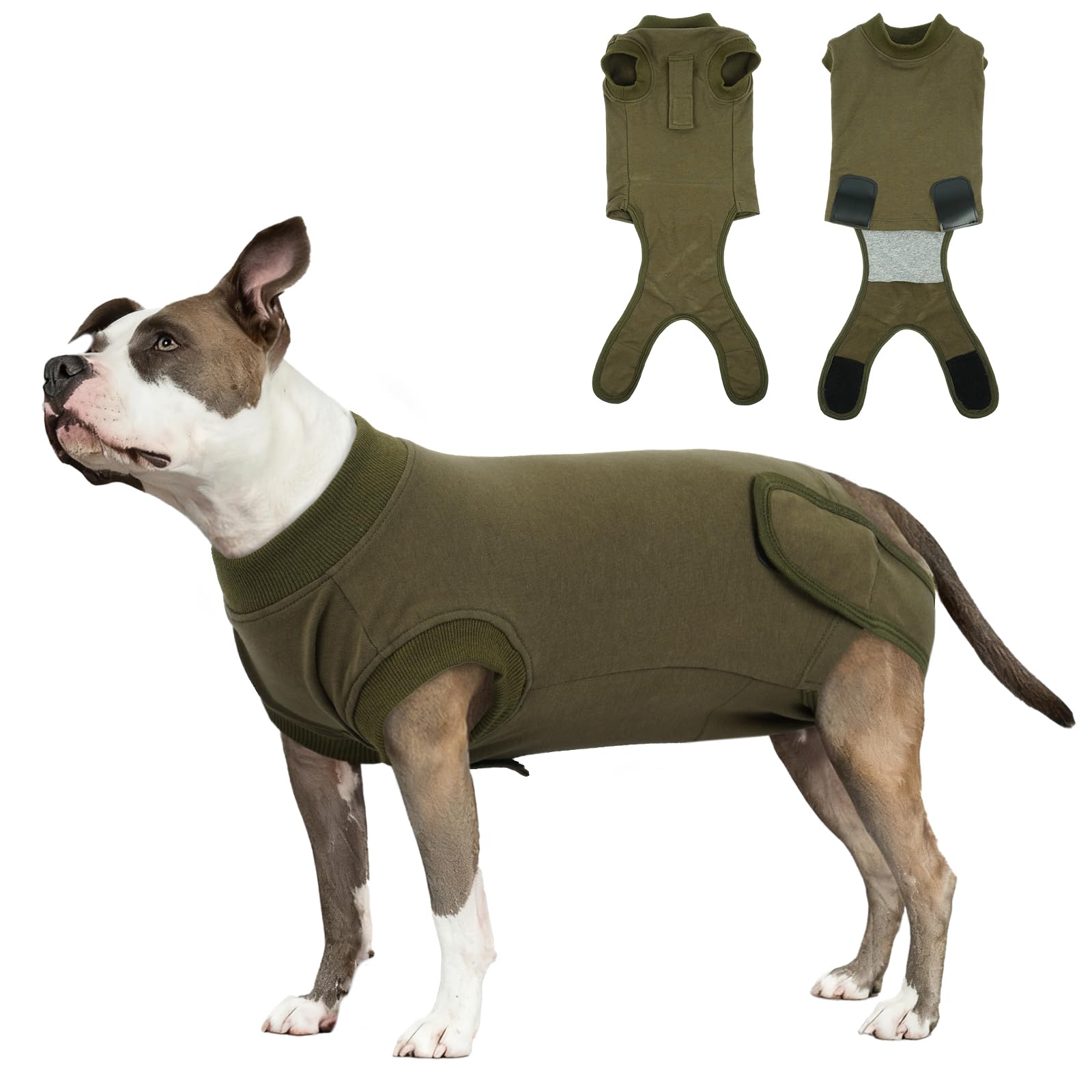 Dog Surgery Recovery Suit - Cotton Dogs Surgery Suit with Belly Pocket, Post Spay Dog Suits Fastening at Back End, Wound Protection Clothing After OP Body for Beagle, French Bulldog, Army Green L — image 1