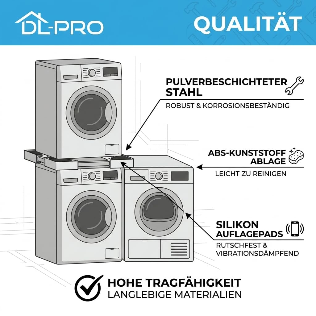 DL-PRO Universal Zwischenbaurahmen 43–68 cm Set | Verbindungsrahmen für Waschmaschine Trockner stapeln mit Ratschenseil | kompatibel mit Bosch Siemens Miele AEG Samsung LG Bauknecht