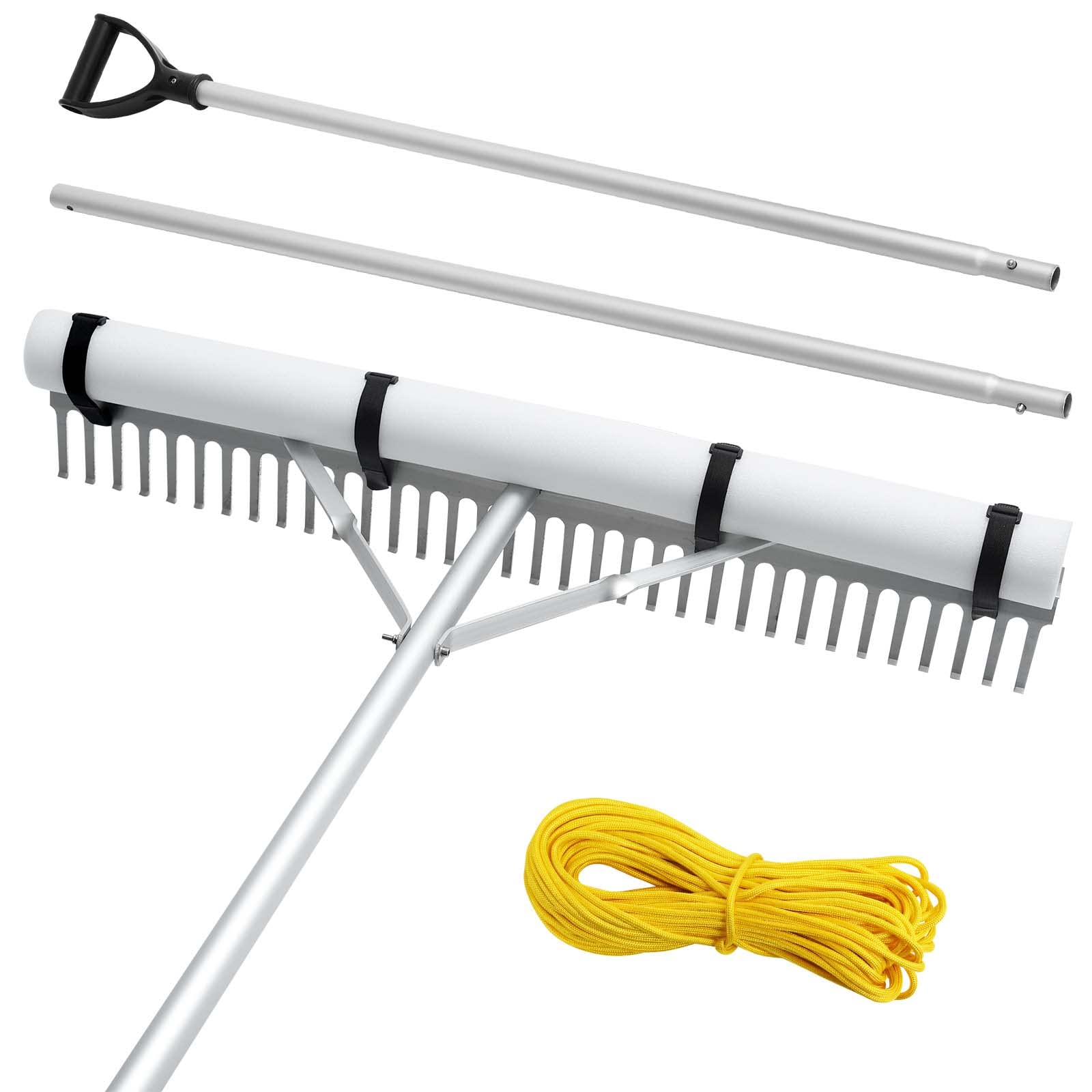 PVNIEFC Floating Lake Rake, 36" Aluminum All Purpose Lake and Landscape Rake with 11' Extension Handle and 50' Rope, Weed & Algae Removal