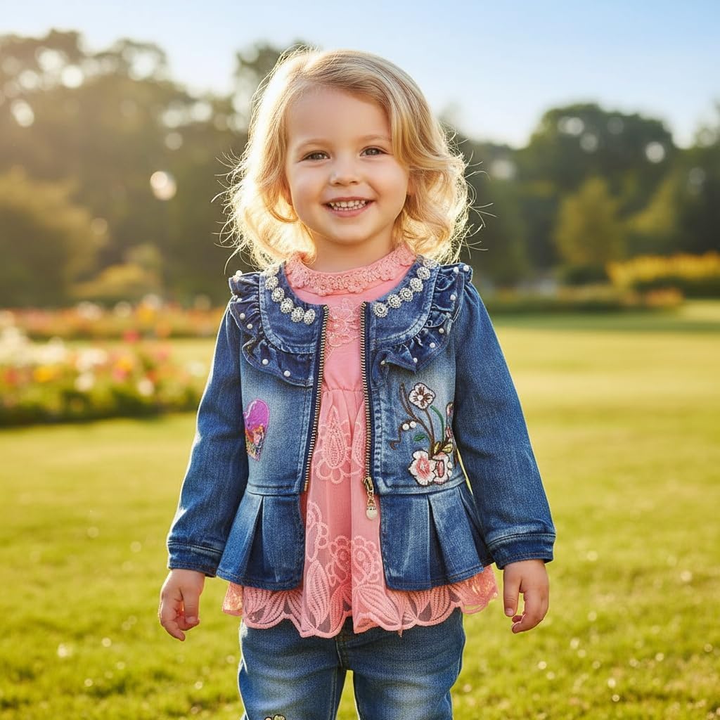 Peacolate 6M-4Years Spring Fall Baby Girls Clothing Set 3pcs Long Sleeve Dress Denim Jacket and Jeans - Image 7