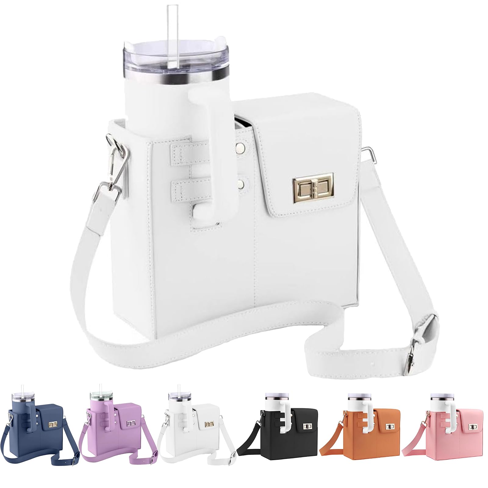Water Bottle Crossbody Bag for Stanley Bottle, Water Bottle Carrier Bag, Stanley Cup Holder, Portable Outdoor Water Cup Holder with Adjustable Shoulder Strap-White