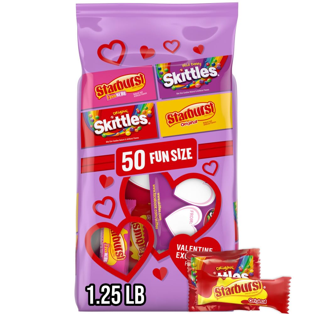 SKITTLES & STARBURST Fun Size Individually Wrapped Nut Free Valentine's Day Candy Valentine Exchange, 50 Ct Bulk Bag