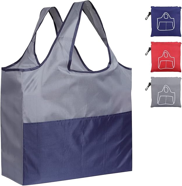 NymphFable 3 Pack Portable Grocery Bags Reusable Shopping Bags Oxford Tote Bag Foldable Storage Bags With 2 Outer Pockets