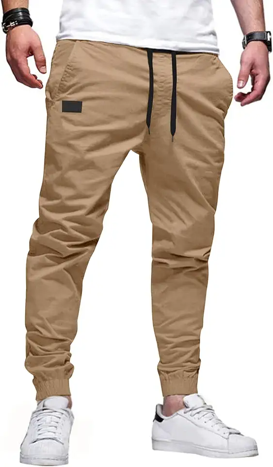 PLEPAN Mens Casual Cargo Joggers - Cotton Drawstring Chino Pants Hiking Outdoor Twill Track Jogging Sweatpants