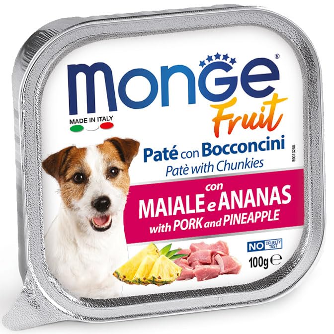 Monge Fresh fruit umido per cani di tutte le taglie con frutta, gusto MAIALE e ANANAS| 6 vaschette da 100 grammi l'una.