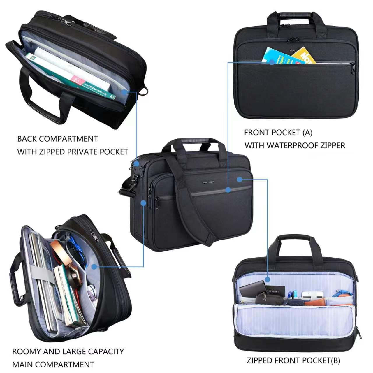 KROSER Laptop Tasche Aktentasche passt bis zu 16 Zoll(40.64 cm) Laptop Wasserabweisende Computer Tasche Leichte Schultertasche Messenger Bag für Reisen/Business/Männer/Frauen-Schwarz MEHRWEG