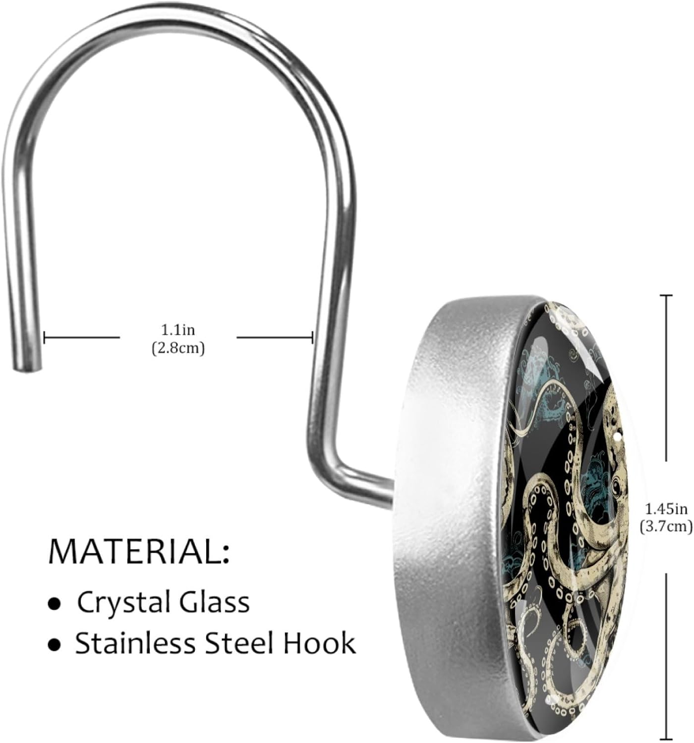 12 Pcs Vintage Octopus Glass Shower Curtain Hooks, Rust Resistant Hooks Rings for Bathroom, Stainless Steel Decorative Shower Rings for Shower Curtains Rods