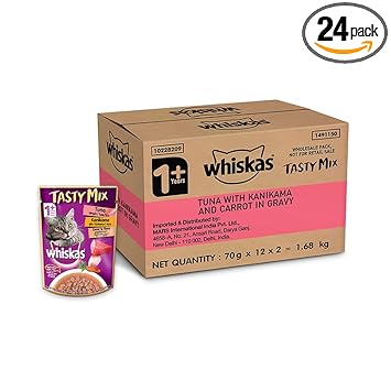 Whiskas Adult (1+ year) Tasty Mix Wet Cat Food Made With Real Fish, Tuna With Kanikama And Carrot in Gravy - Pack of 24