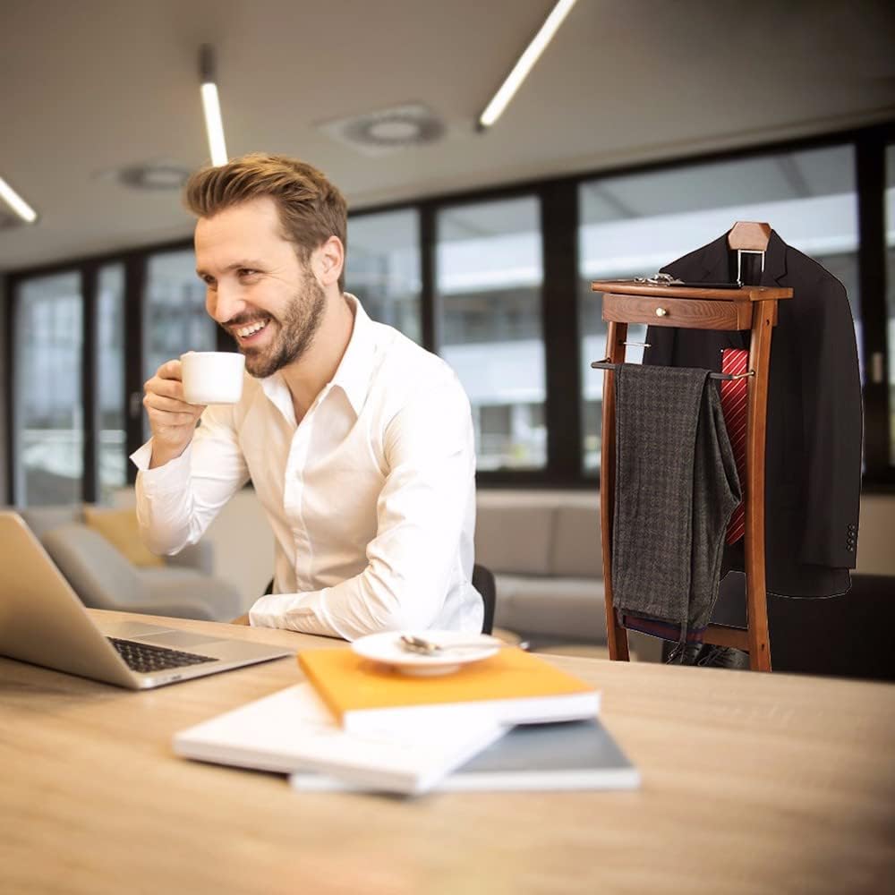 Wood Suit Valet Stand Clothes Rack with Shelves and Drawers Floor Standing Clothes Valet Suit Stands with Clothes Hanger+Pants Rail for Office Living Room