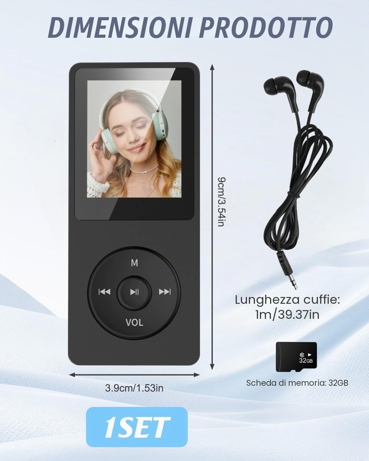 32 GB Lettore MP3 Bluetooth 5.3 con display TFT a colori da 1,8" con cuffie, radio, e-book, registrazione, supporto fino a 128 GB, nero