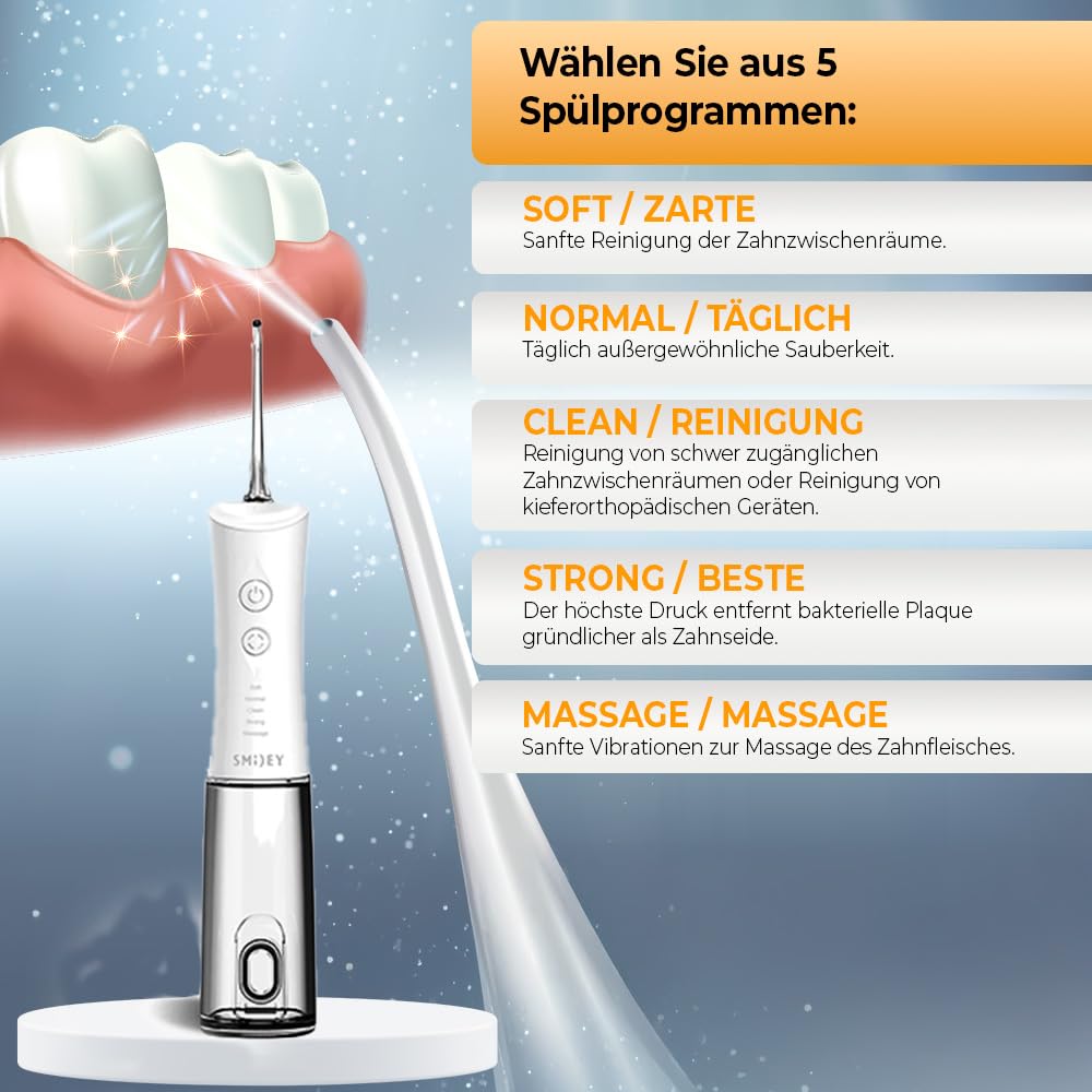 SMILEY Pro Aqua Munddusche Kabellos Zahndusche | Elektrisch Zahnreinigung Zahnzwischenraumreiniger Irrigator Zähne | Waterflosser Zahnreinigungsset Zwischenräume Zahnspülung Gerät mit 4 Tipps