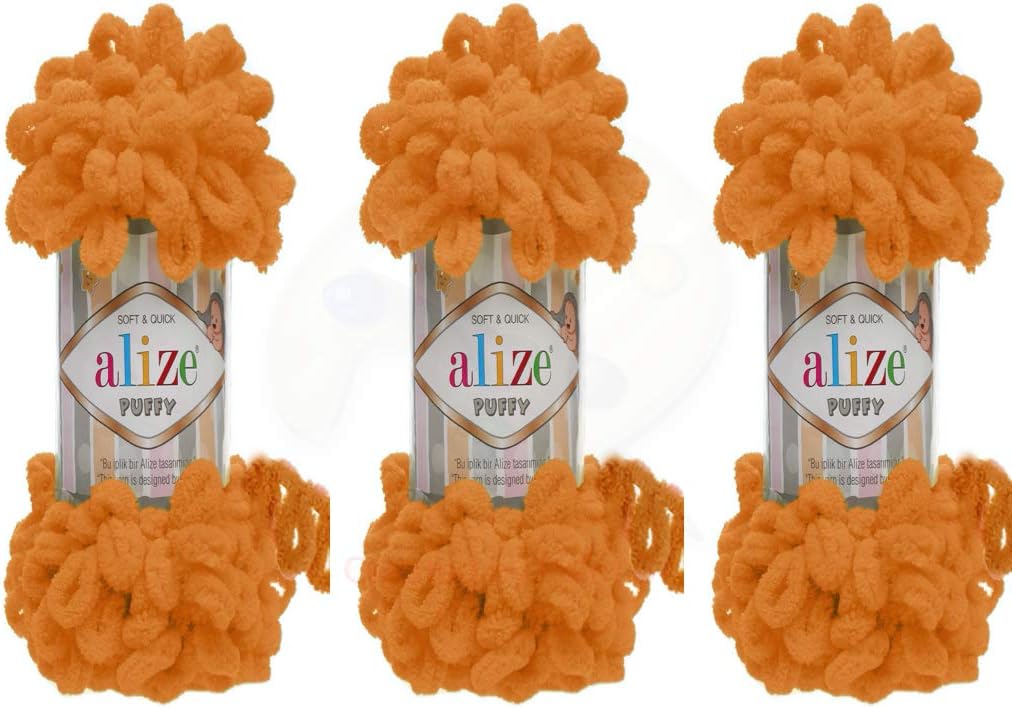 Alize Puffy Baby Blanket Lot of 3 - 300gr, 30yds, 100% Micropolyester Soft Yarn, Super Chunky Bulky Worested Yarn (336 - Orange)