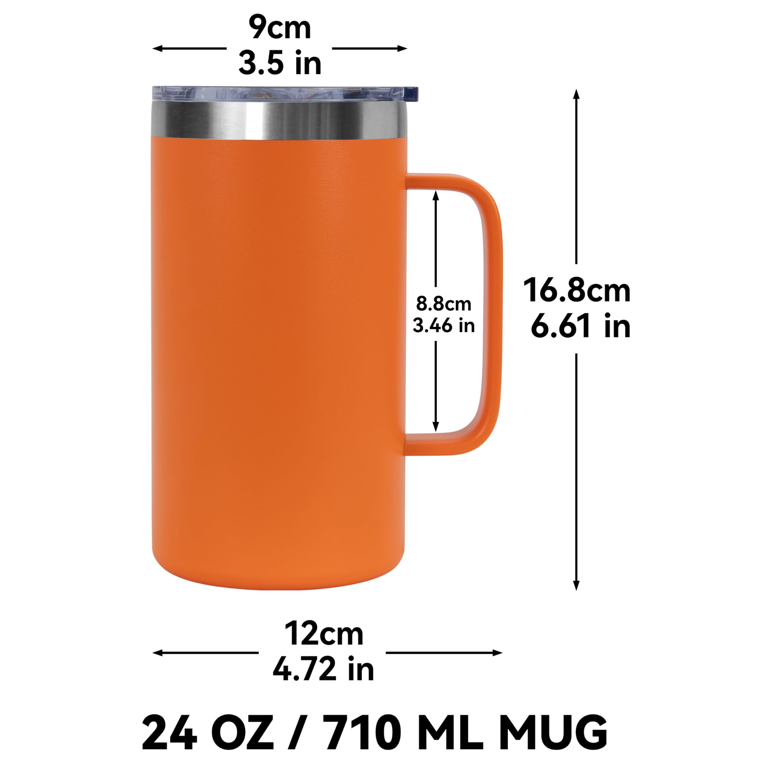 DOMICARE Taza de café de acero inoxidable de 24 onzas con asa y tapa, taza de viaje con asa, vaso de café al vacío de doble pared, taza aislada reutilizable, naranja, paquete de 8
