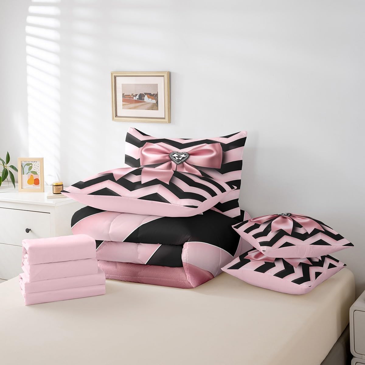 Erosebridal Bowknot Bedding Set 7 Piece for Girls, Girly Bow Knot Comforter Set Queen Size Geometric Stripes Diamond Sheet Set for Kids Women Bedroom, Kawaii Princess Bow Tie Bed Cover, Black Pink