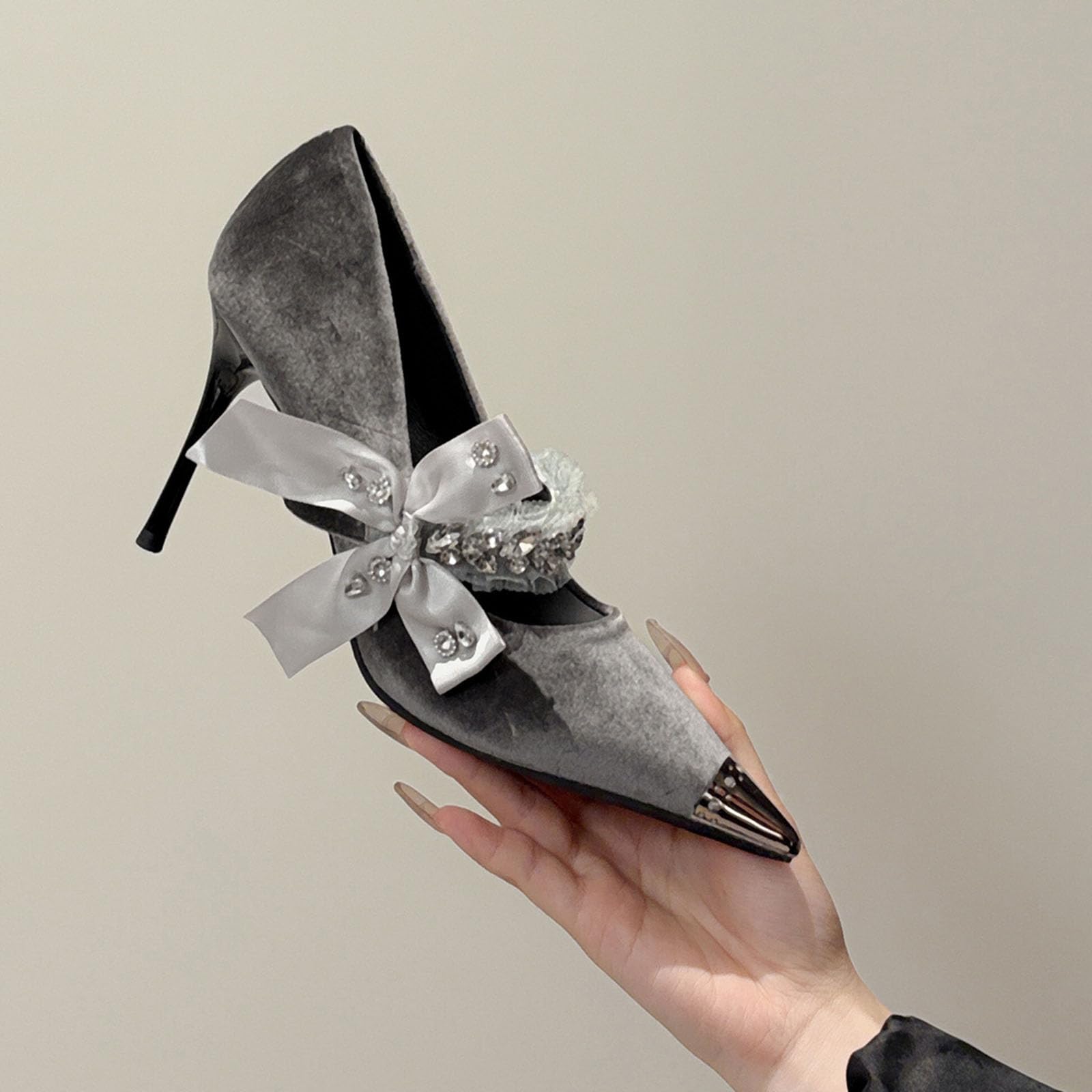 Mujer Zapatos de Tacón Lazo Rente Strass Terciopelo 9CM Sexy Stilettos Gris