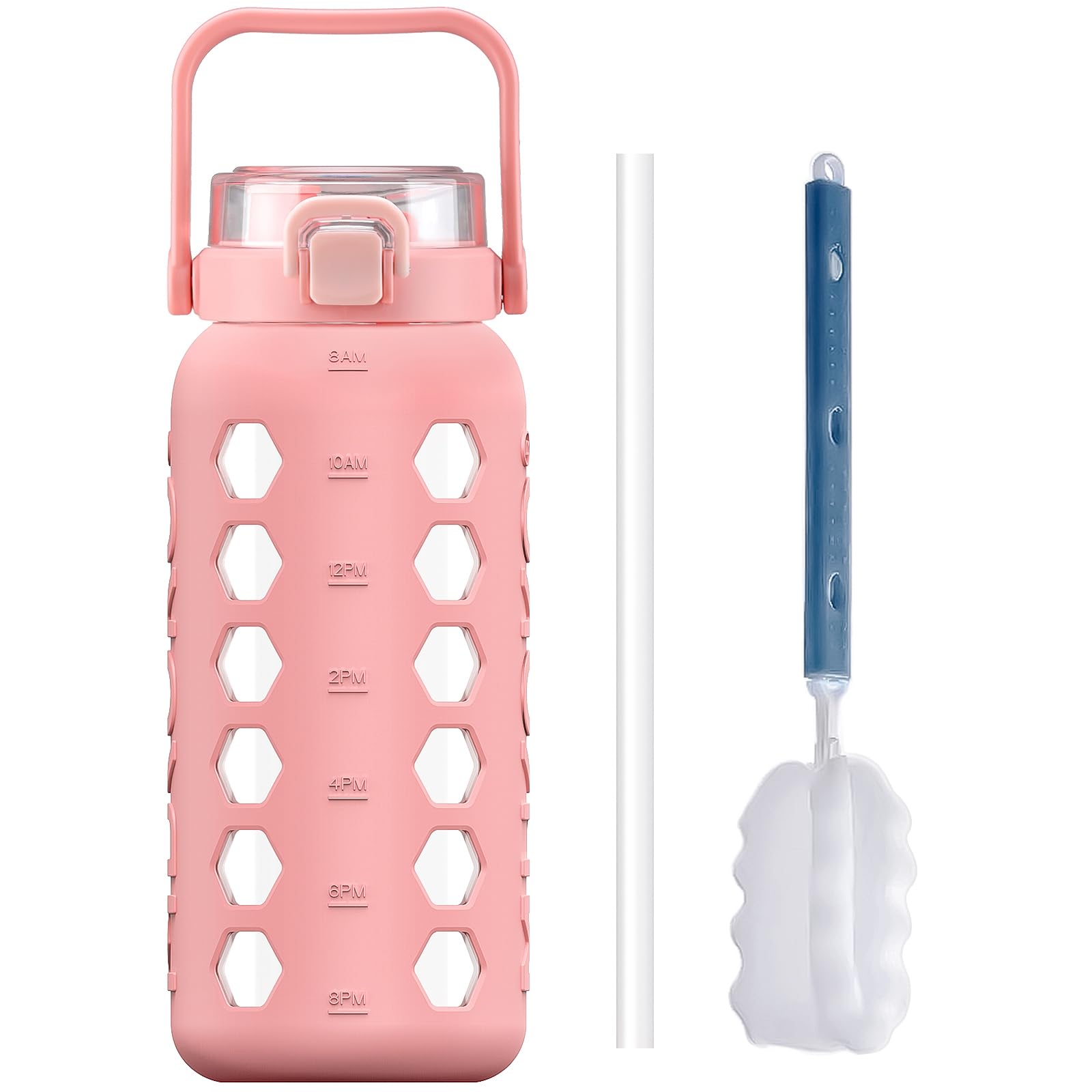 MUKOKO Half Gallon/64 oz Glass Water Bottles with Straw and Lid,Motivational Water Jug with Time Marker Reminder and Silicone Sleeve,100% Leakproof