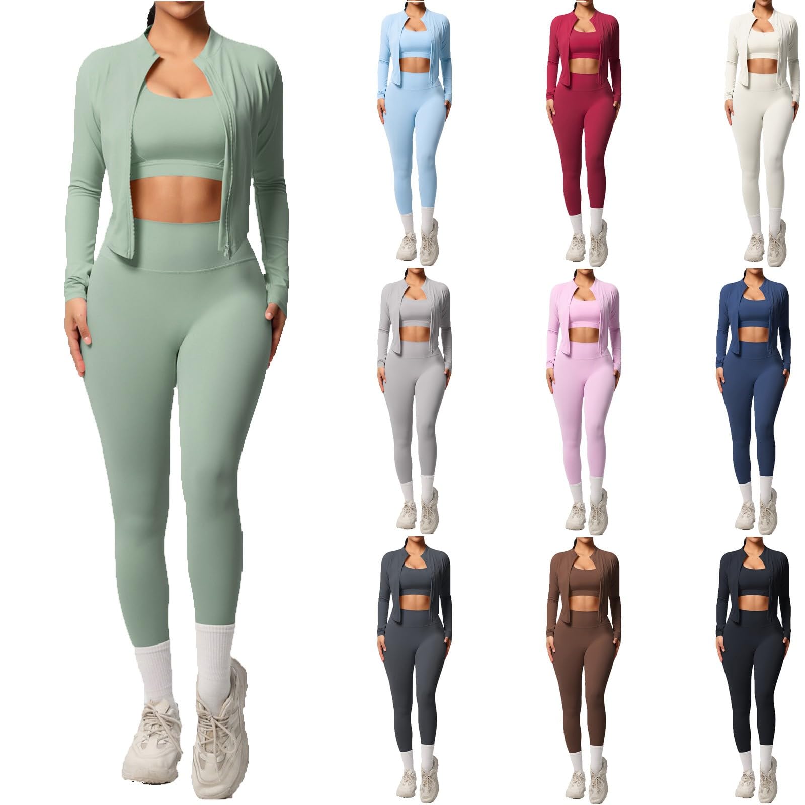 Generico Set di Abbigliamento Sportivo Donna Completo Palestra 3 Pezzi Reggiseno Sportiva e Leggins Anticellulite Push Up e Fitness Giacca con Zip Tuta Yoga Completa Gym Jogging