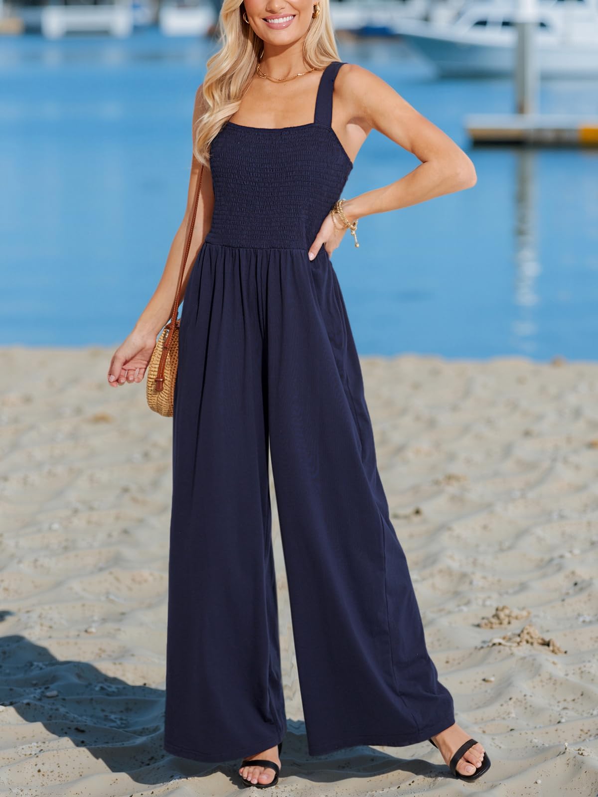 CUPSHE Combinaison d'été pour femme, col carré, sans manches, haut smocké, tenue longue et évasée, tenue décontractée