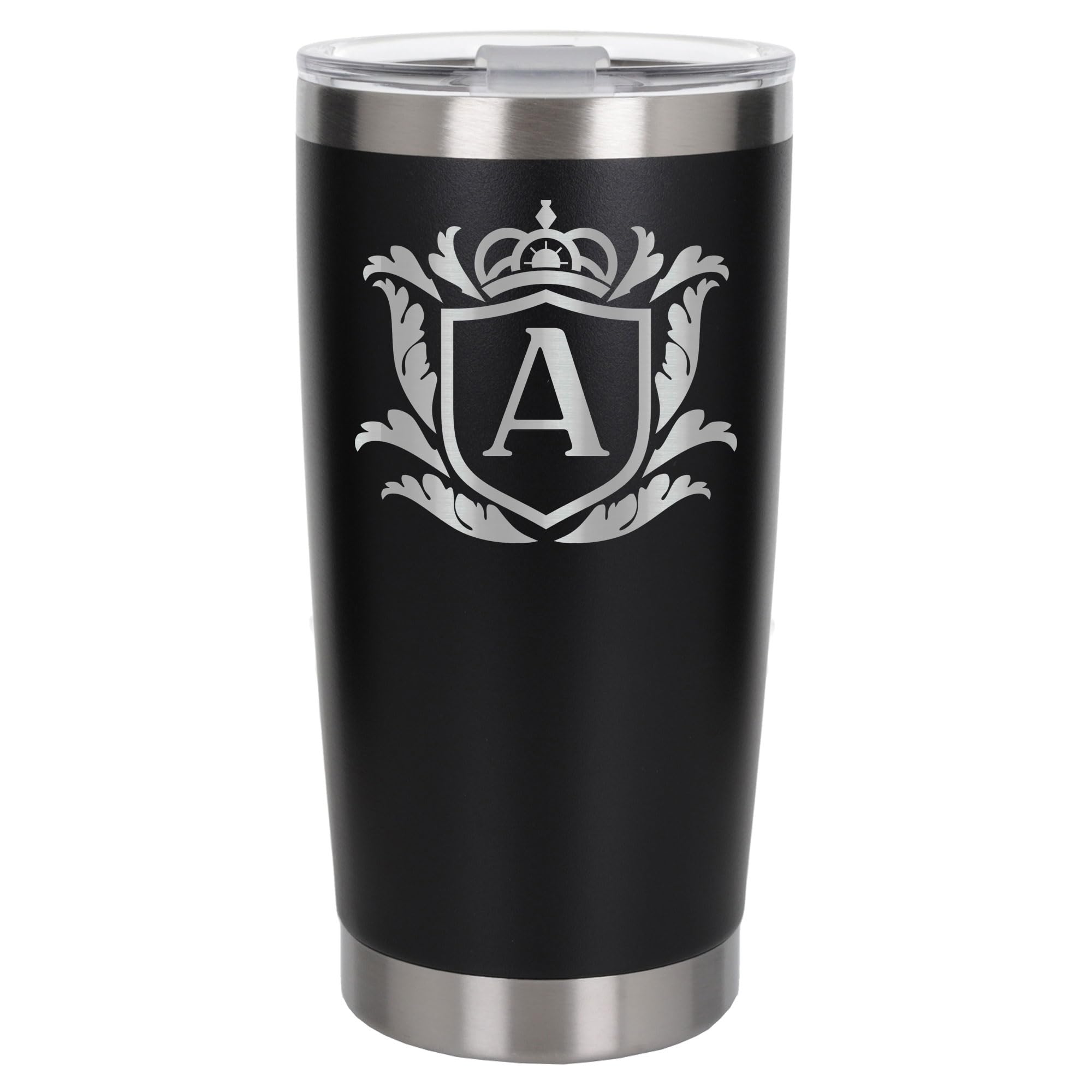 Customised Gifts 500ml Engraved Shield Initial Monogram Insulated Personalised Black Travel Mug for Men and Women - Personalised Initial Coffee Travel Mug for Hot and Cold Beverages, Letter A