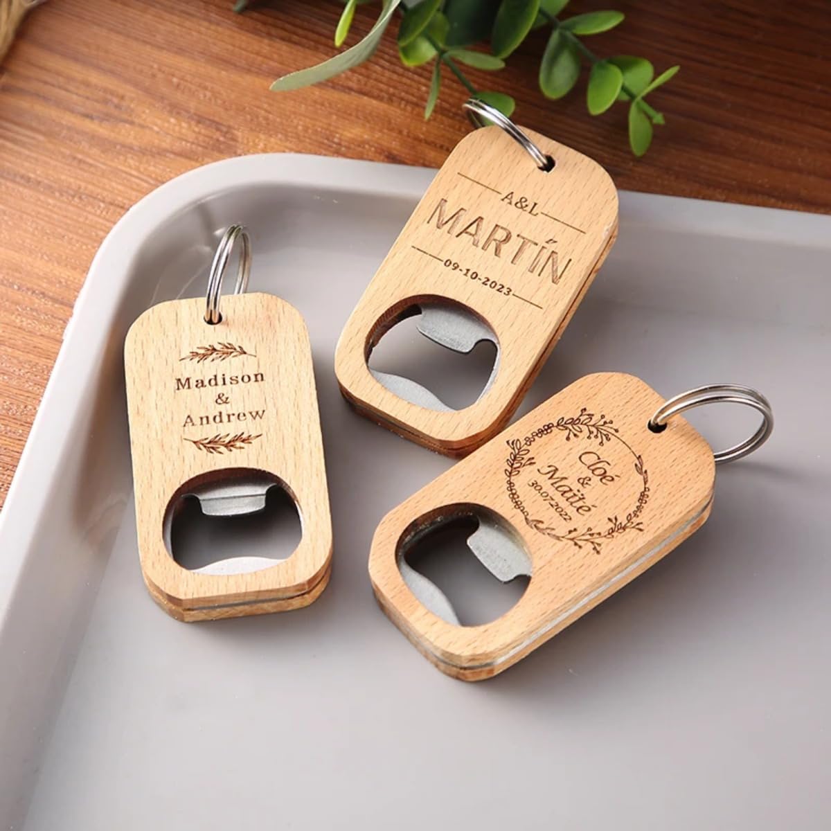 Abridor de botellas de madera grabado personalizado, abrebotellas de madera grabado personalizado para bodas (50 unidades)