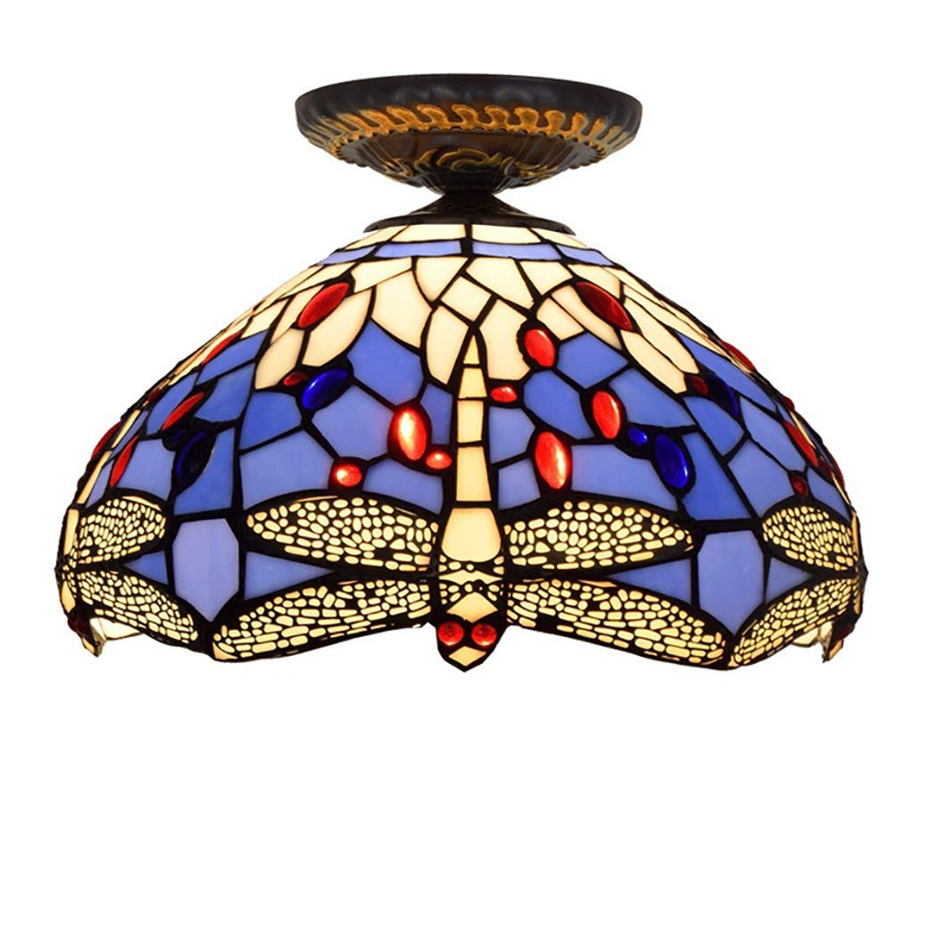 YNIYUJKL Retro Chandelier Ceiling Light Tiffany-Style Ceiling Lamp, 12 Inch European Creative Yellow Dragonfly/Stained Glass Pendant Lights Corridor Lighting Chandelier For B