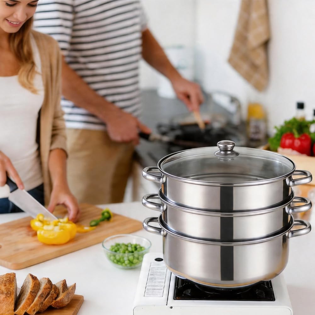 Steamer per cucinare, vaporizzatore in acciaio inox (diametro 28 cm, 4 piani)