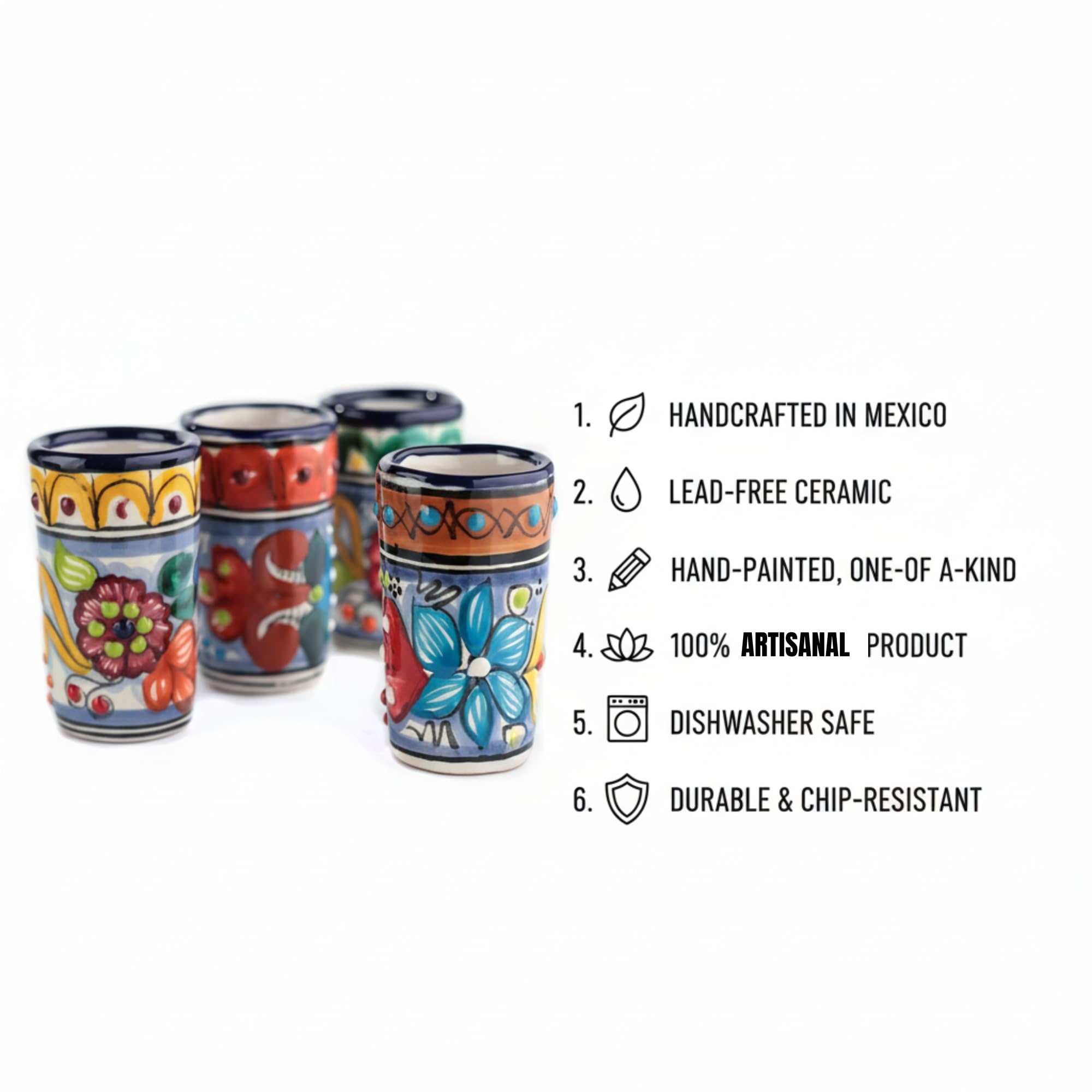 Talavera Lot de 4 verres à shot mexicains authentiques à tequila - Peints à la main - 60 ml (Talavera coloré)