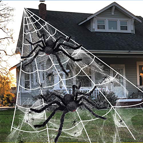 MOVINPE 200\" Halloween Spider Web + 2pcs 30\" Giant Fake Spider + 25pcs Mini Spiders, Huge Triangular Spider Web for Indoor Outdoor Decorations Yard Home Haunted House Party DÃ©cor