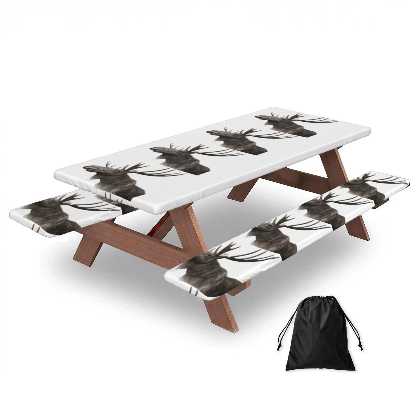 Zyjhyy Black Moose Print Party Table Covers With Bench Covers Set Of 3 Picnic Table Cloth Wipe Clean For Garden Camping