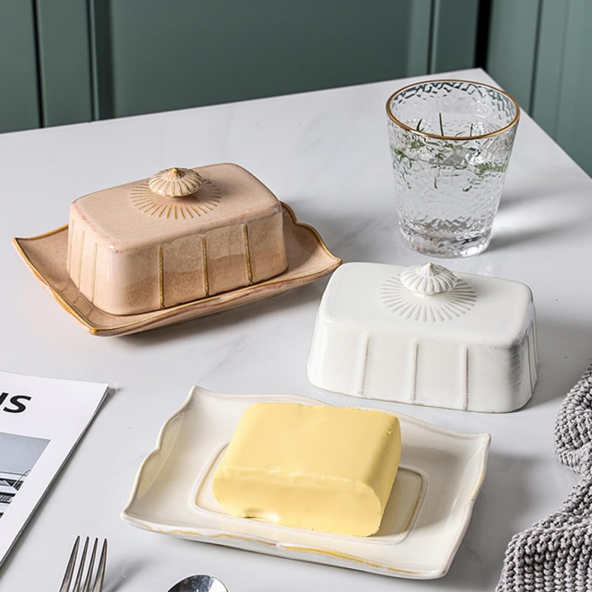 VALICLUD Beurrier Plat à Beurre Rectangulaire Khaki en Céramique avec Couvercle Conserve la Fraîcheur et Réduit Odeurs pour Maison et Restaurants au Réfrigérateur