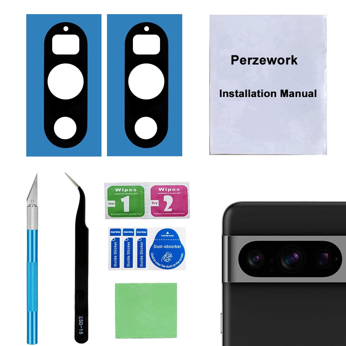 2 Set Back Rear Camera Lens Glass Replacement for Google Pixel 8 Pro with pre-Installed Adhesive and Reparing Toolkit