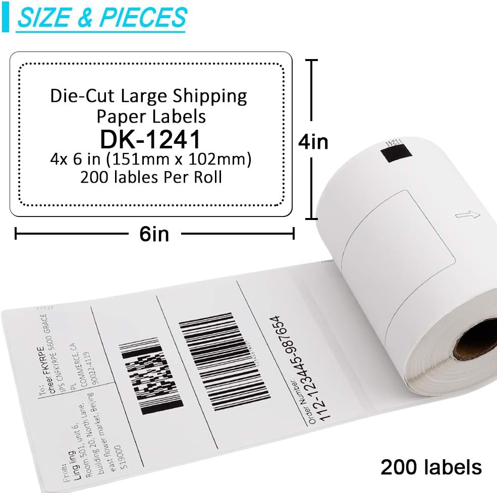 Label KINGDOM Replace for DK-1241 Die-Cut 4" x 6" Large Shipping Paper Label (102 mm x 151 mm) 200/ Roll DK Adress Labels for Brother QL-1100 (6 Roll + 1 Detachable Frame)
