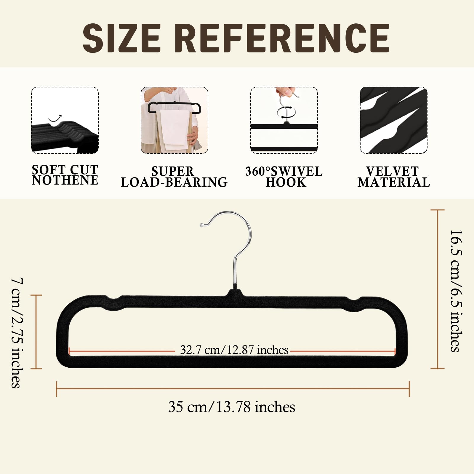 Grucce antiscivolo per pantaloni, confezione da 20 grucce in velluto per armadio, sottili e salvaspazio, resistenti, resistenti, con gancio girevole a 360 gradi, per reggiseni, pantaloncini (nero)