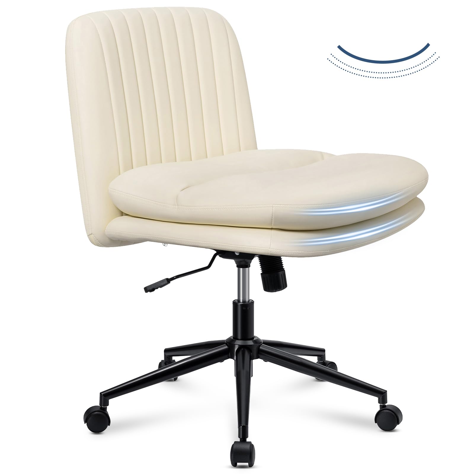 HOFFREECriss Cross Chair Cross Legged Office Chair with Wheels Leather Home Office Chair Ergonomic Armless Chair for Desk Cream