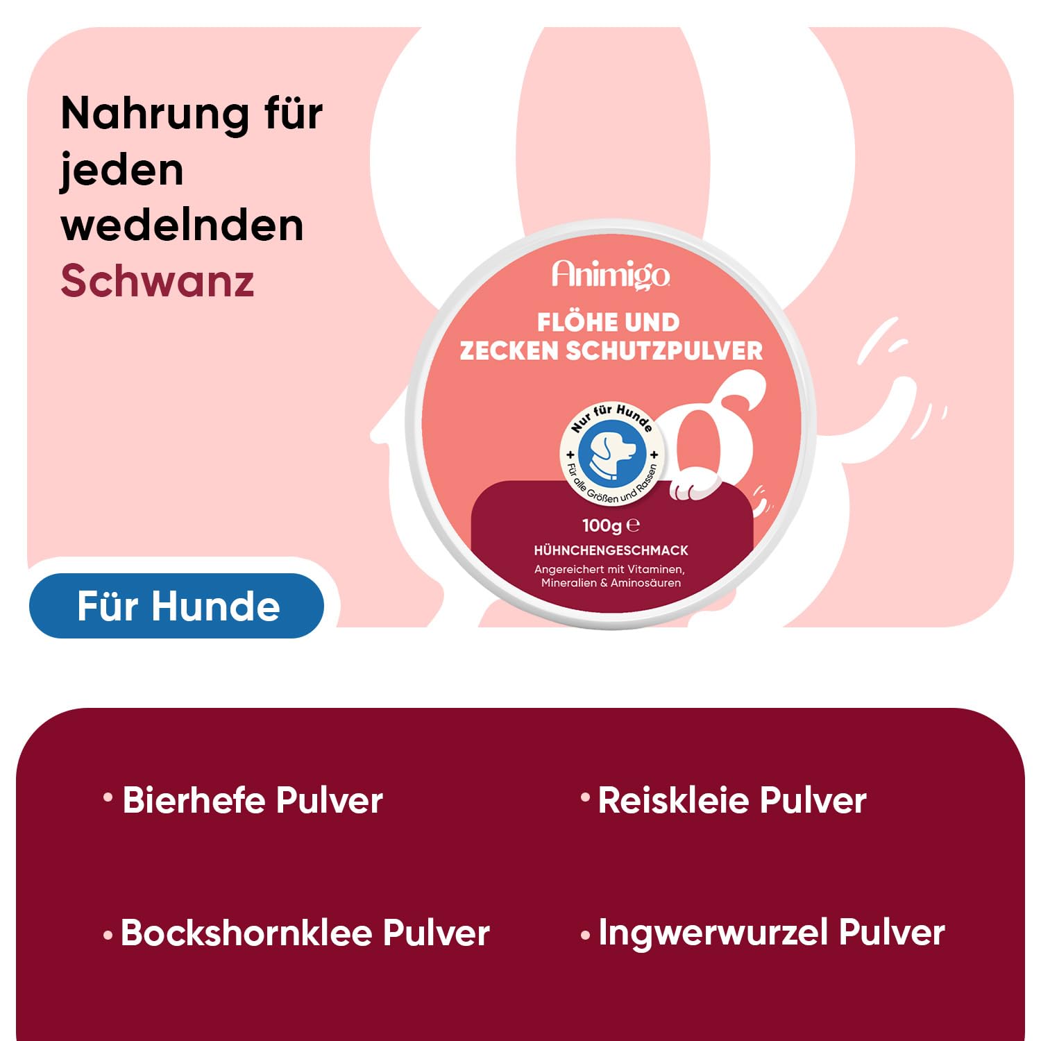 animigo Flohpulver - Zeckenschutz für Hunde - 100 g Pulver - Mit zusätzlichen Vitaminen, Mineralien & Aminosäuren wie Bierhefe, Zink, Vitamin B3, B1 & B2 - Hühngeschmack - Flohmittel Hund