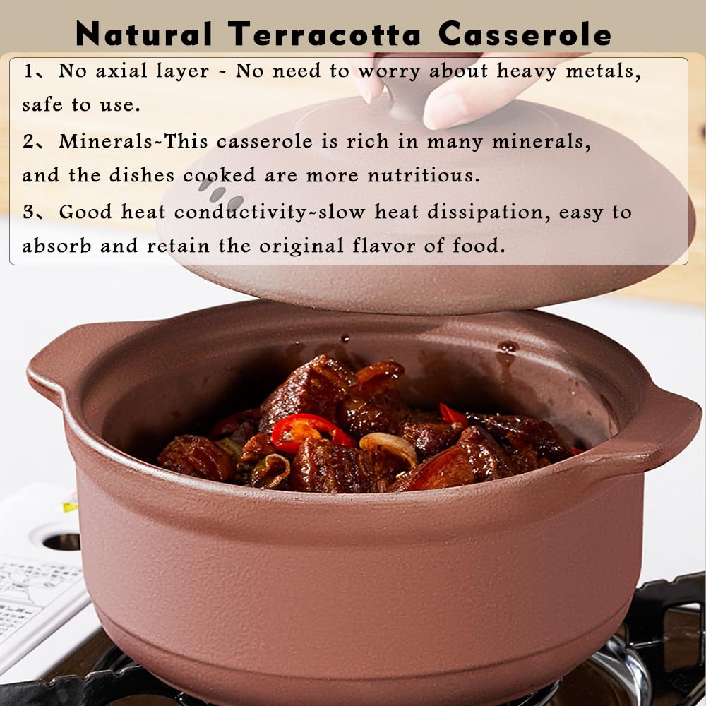 Cazuela de terracota natural con tapas, ollas de arcilla para cocinar, ollas de arroz de barro sin esmaltar (UpgradeT1-1QT)