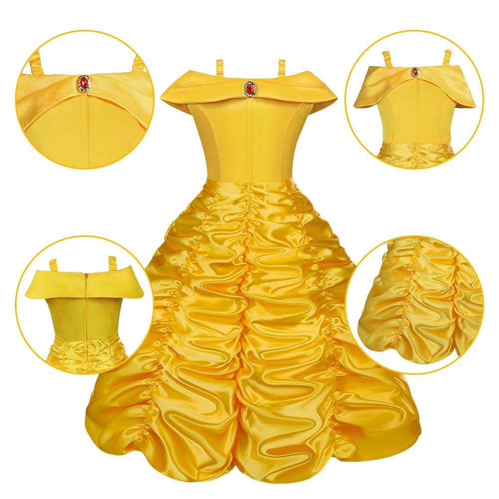 Vicloon Belle Cosplay Costume, Principessa Belle Carnevali Costume Vestito da Ragazza con Principessa Corona, Principessa Bacchetta, Cosplay Party Halloween Abito Vestito da Festa di Compleanno, 150CM