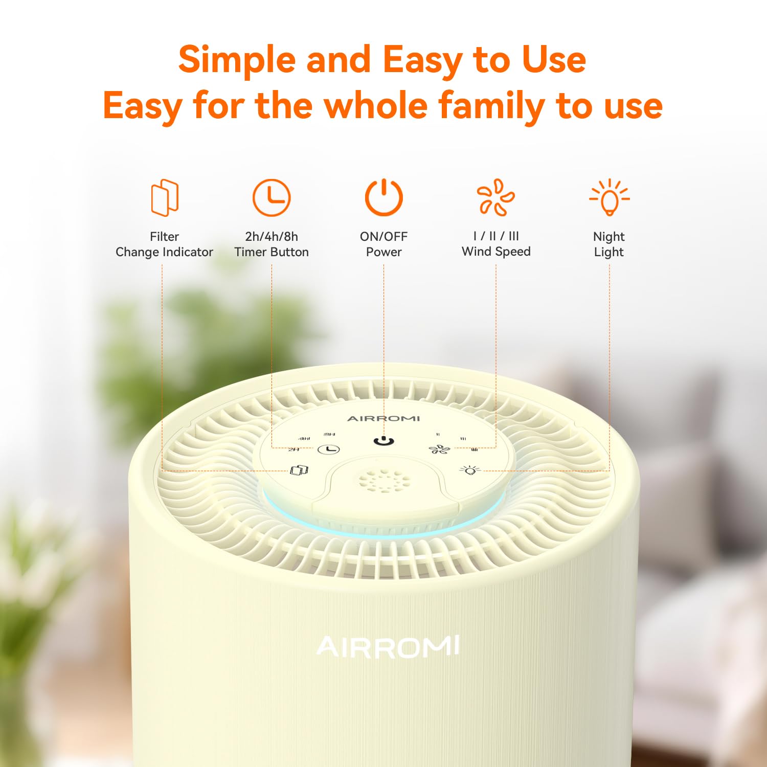 AIRROMI Air Purifier for Bedroom with HEPA Fet Filters, Pet Air Purifiers for Home Cat Pee Smell, Covers Up to 990Ft², Quiet 360° intake Air Cleaner for Allergies Dust Smoke Odor A2001 Yellow