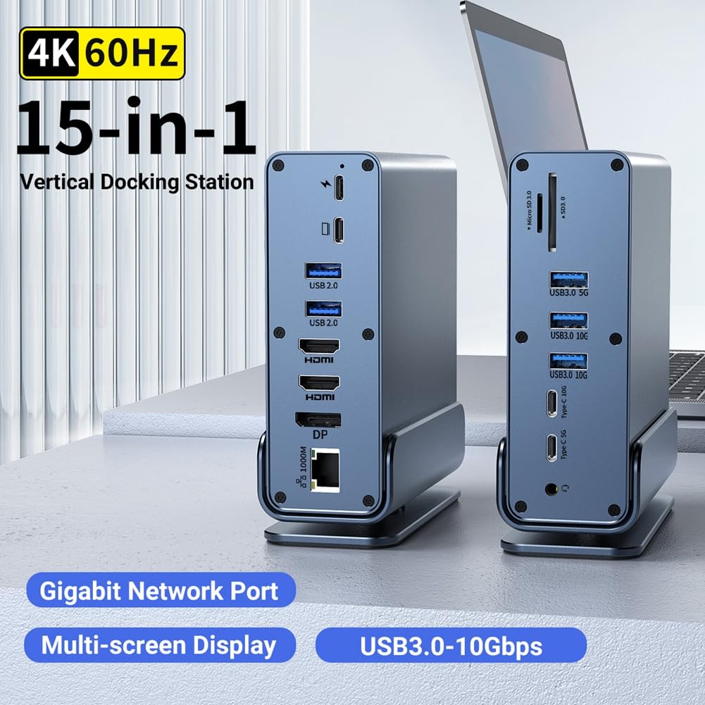 Docking Station USB-C 15 in 1 Hub Verticale 4K HD con Triplo Monitor, RJ45 1000M, USB 3.0/2.0, PD 3.0, SD/TF per PC Laptop
