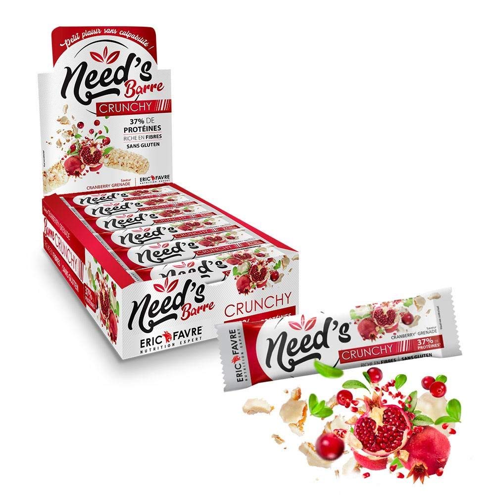 BARRE NEED'S CRUNCHY - Barre Gourmande et Croustillante, Riche en Protéines (35%), Sans Gluten, Adaptée aux Végétariens - Saveur Cranberry/Grenade - Display 12 Unités - Eric Favre