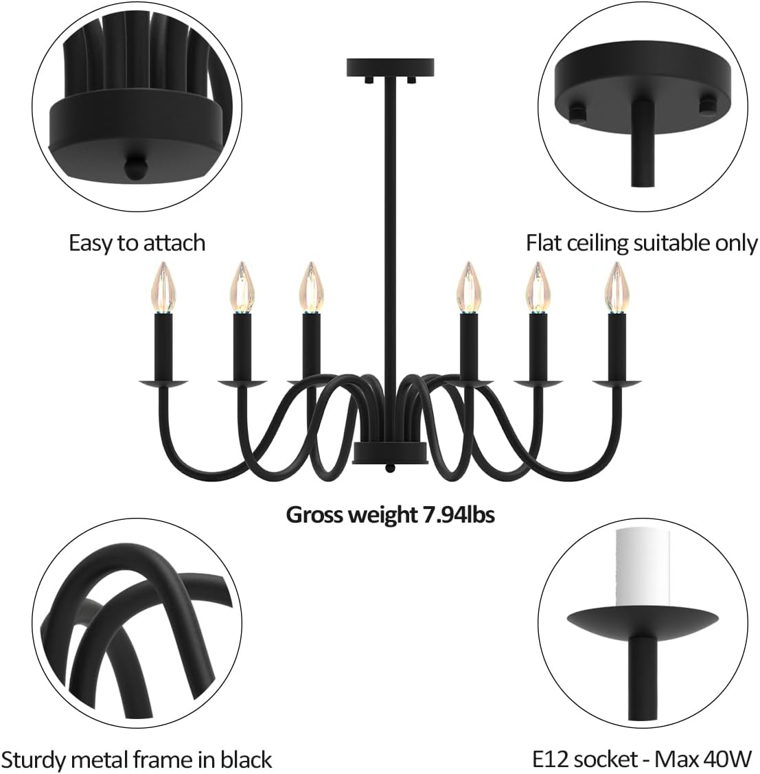 6-Light Chandelier, Wrought Iron Black Chandelier with Adjustable Height, Industrial Hanging Light Fixture for Dining Room, Living Room, Foyer, Bedroom